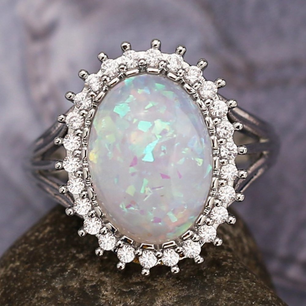 Luxury Super Large Oval Sun Flower Gemstone Fire Opal Silver RingVIP312